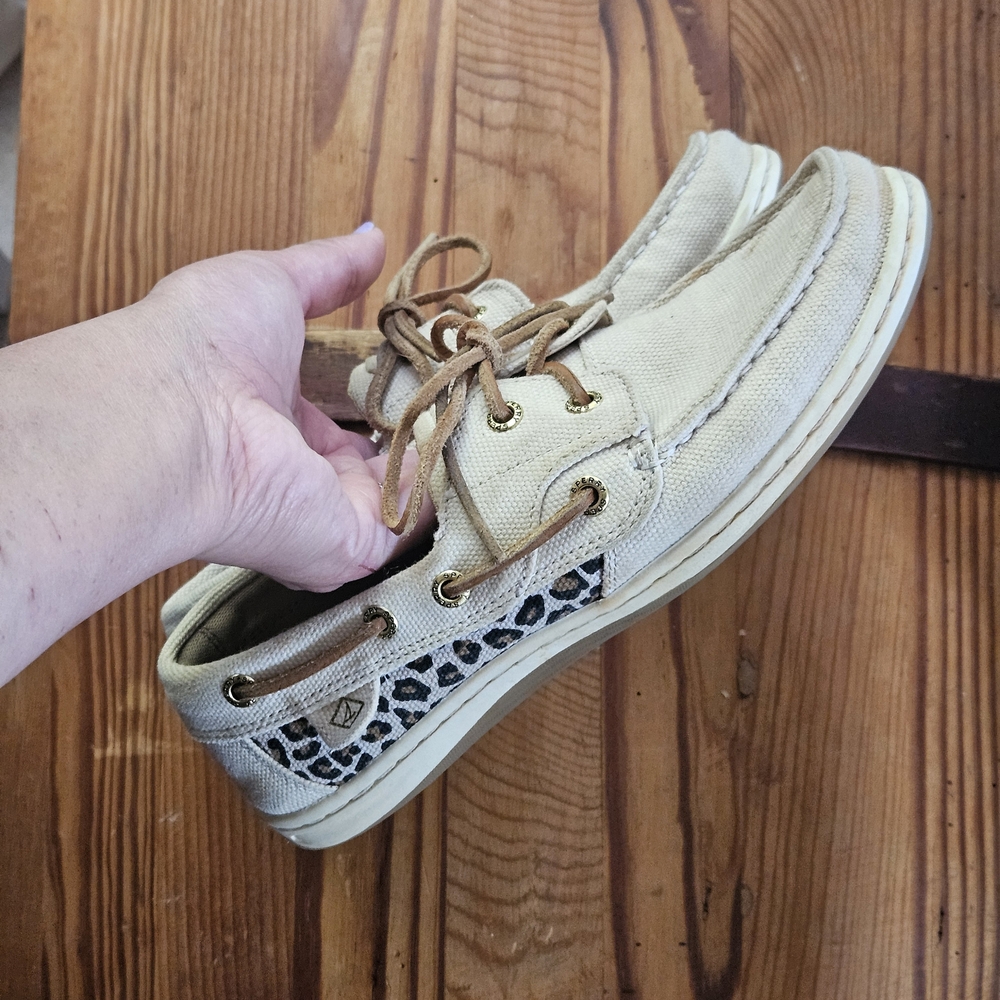 Sperry Tan Canvas Boat Shoe with Leopard Accent